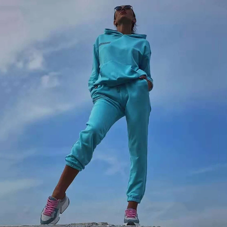 

2021 Winter New Women's Clothing Plus Velvet Warm 2 Two-piece Sports Set Hooded Sweater Trousers Suit Casual Pants Set