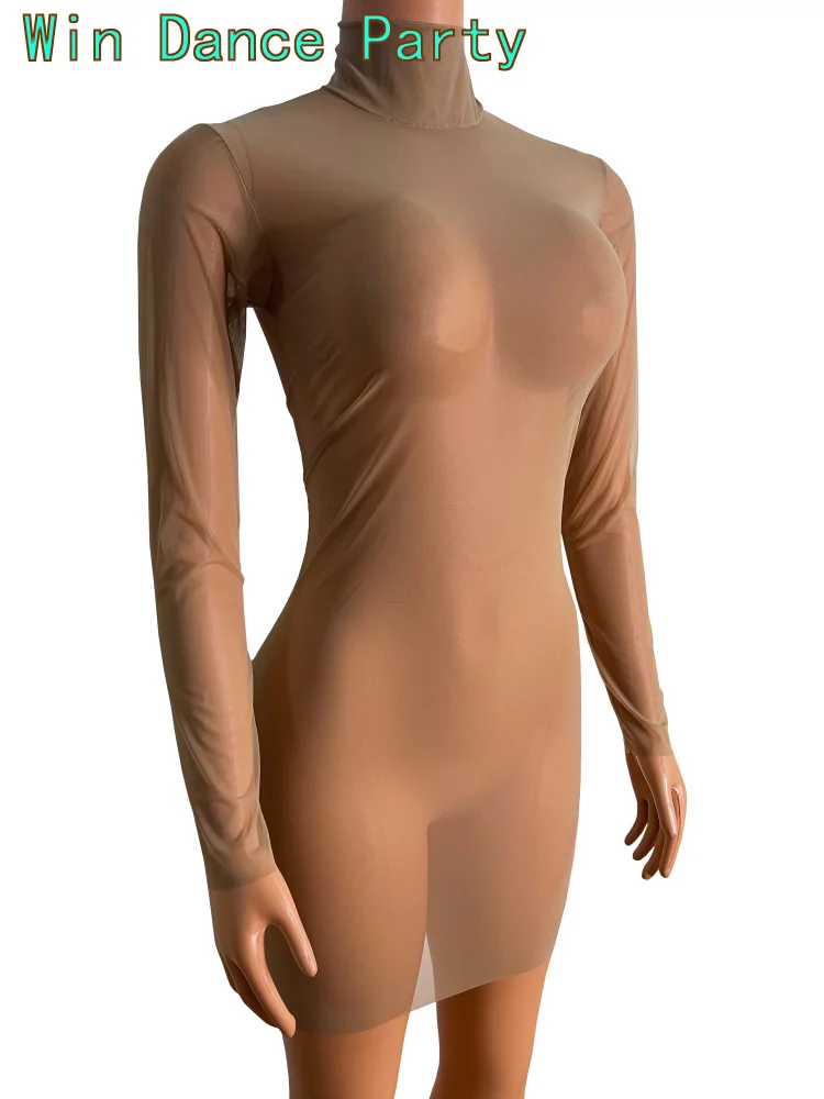 Осенне-зимний комбинезон с длинным рукавом для женщин, сексуальный, короткая юбка бодикон, монобельё, коричневого цвета, сетчатый материал.