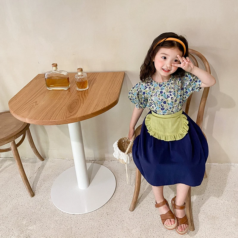 

Комплект одежды для девочек, детские блузки с цветочным принтом, летняя Однотонная юбка для маленьких девочек, детская Корейская одежда, од...