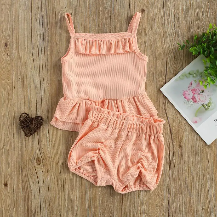 

Summer Toddlers Baby Girl Clothing Solid Color Ruffle Sleeveless Suspender Top Vest Casual Pleated Shorts Set 2pcs