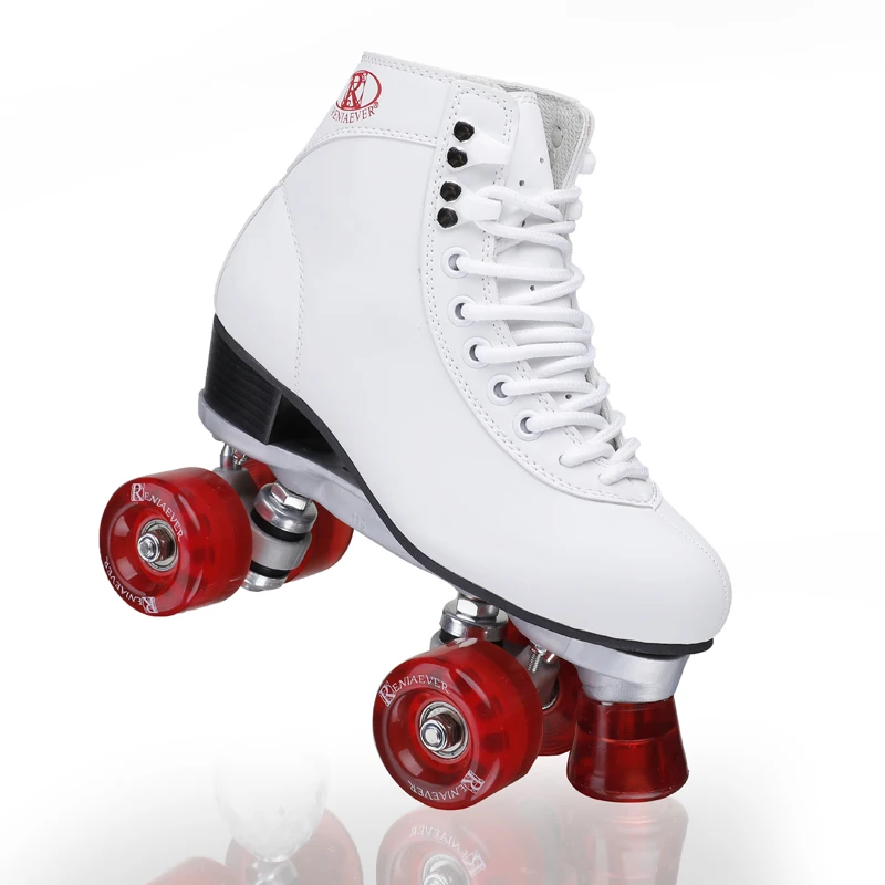 Fashion Double Row Pulley Shoes 4-wheel Skates White Pu Boots Wine Red Wheels