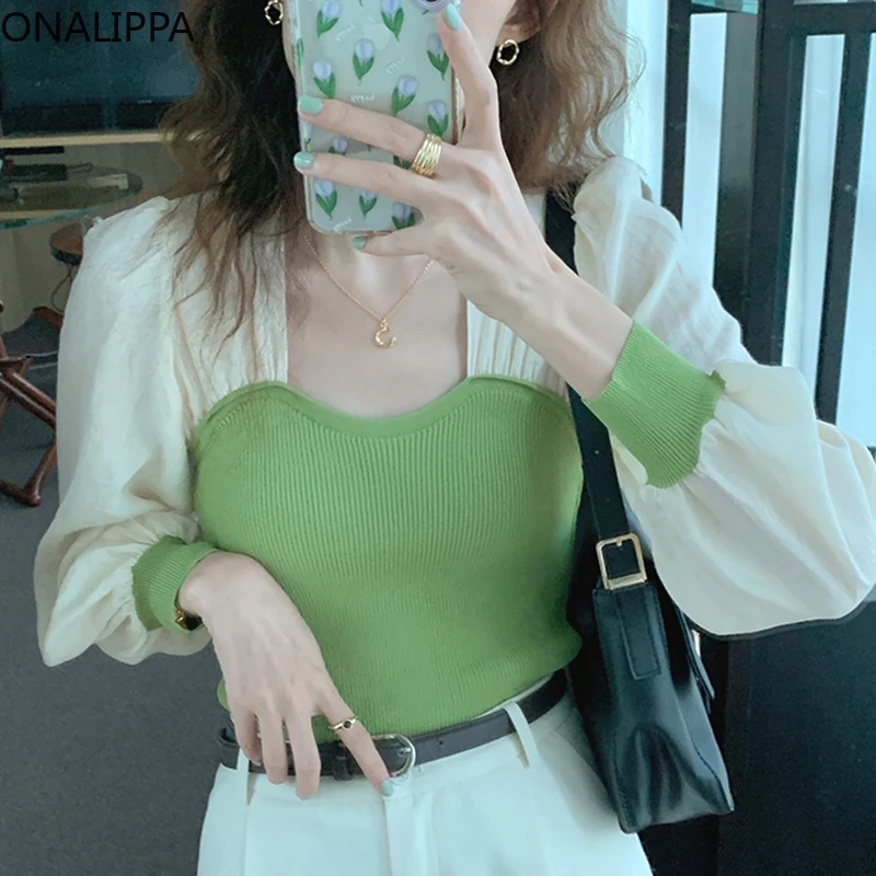 

ONALIPPA Pullover Woman Korean Chic Autumn Gentle Thin Square Collar Contrast Stitching Fake Two-piece Slim Puff Sleeve Sweater