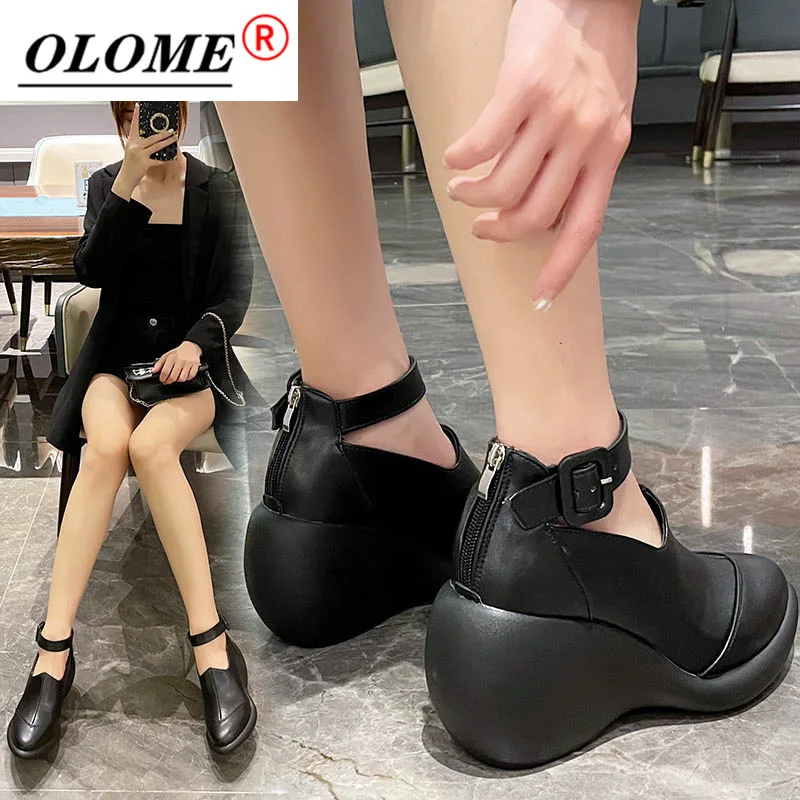 

Thick bottom wedge heel buckle pu women's shoes 2021 new British style round toe breathable comfortable sports shoes women
