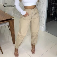 dressmecb solid casual cargo pants for women high waist pockets zipper pencil pants female button streetwear long trousers 2021