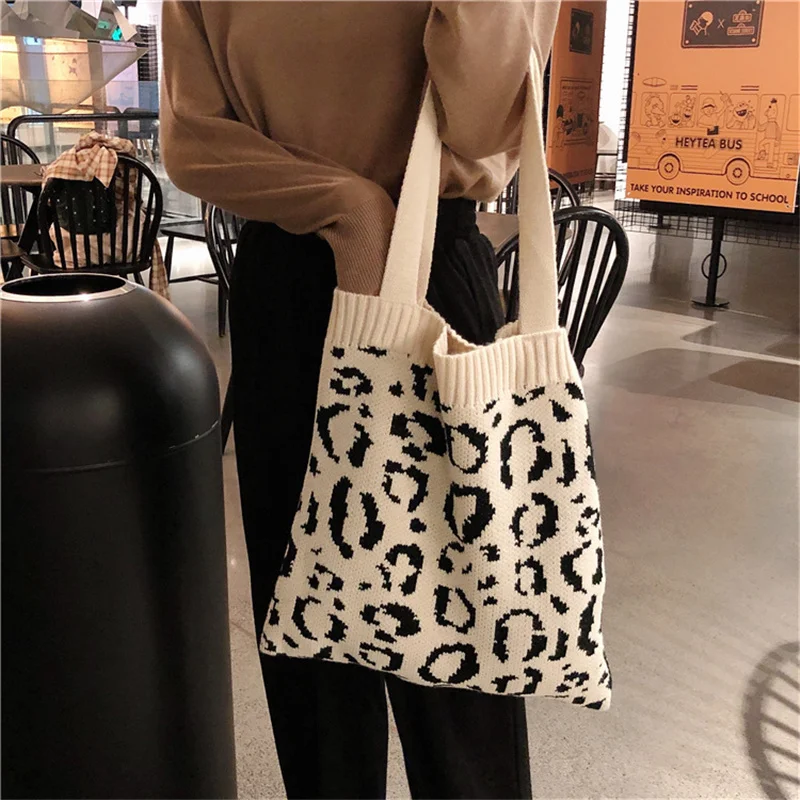 

Women Knitted Shoulder Bag Leopard Print Ladies Shopping Bag Cotton Cloth Fabric Grocery Handbags Woven Tote Books Bag for Girls