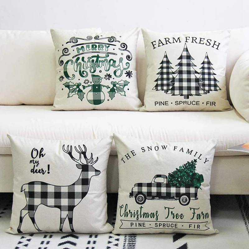 

Christmas Throw Pillow Covers for Home Decor Christmas Tree Dear Car Buffalo Check 18 x 18 Inch