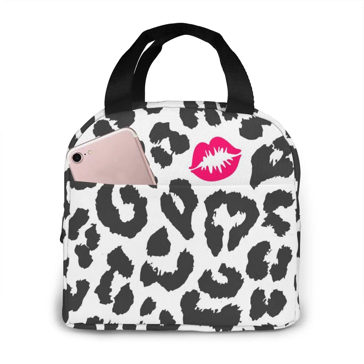 

Black And White Leopard Texture With Kiss Print Cooler Lunch Box Portable Insulated Lunch Bag Thermal Food Picnic Lunch Bags
