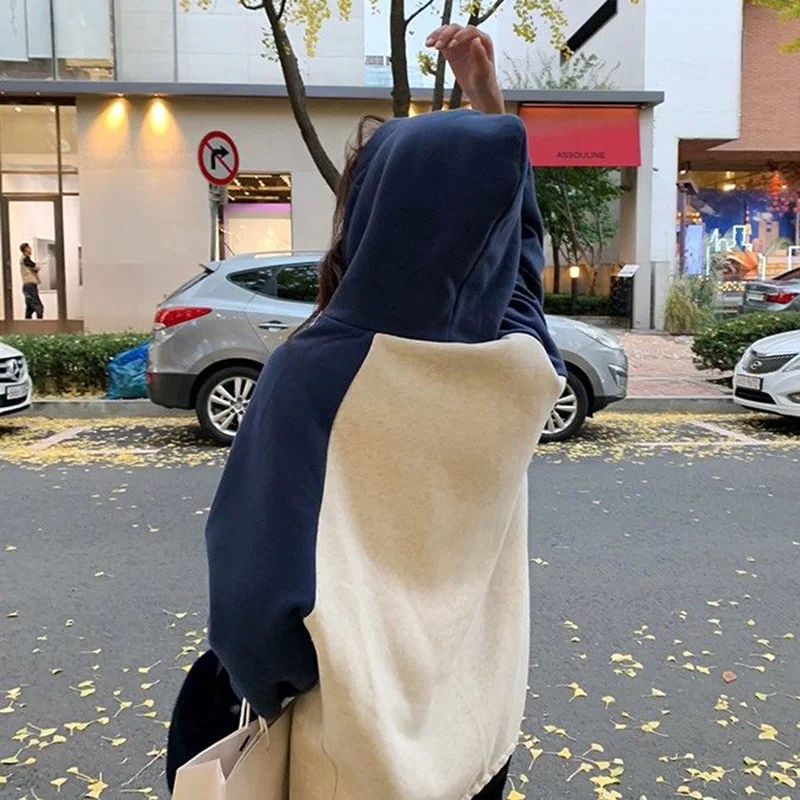 

Hoodies Women Cute Orange Patchwork Hooded Velvet Thickening Warm All-match Loose 2XL Girls Daily Harajuku Korean Style Chic New