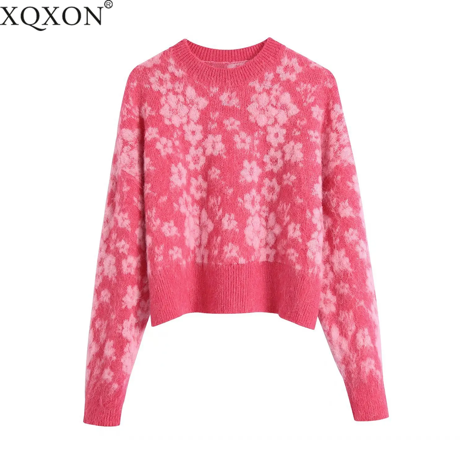

Winter Women 2021 Fashion Loose Floral Jacquard Cropped Knitted Sweater Vintage O Neck Long Sleeve Female Pullovers Chic Tops