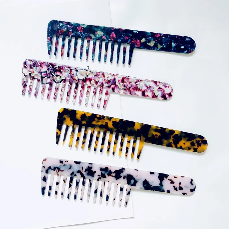 

Cellulose Acetate Detangle Hair Comb Colorful Marble Stone Print Anti-Static Large Wide Tooth Long Handle Massage Hairbrush