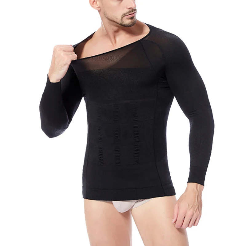 Mens Slimming Body Shaper Seamless Long Sleeve Compression Shirt Tummy Control Gynecomastia Gym Workout Undershirt
