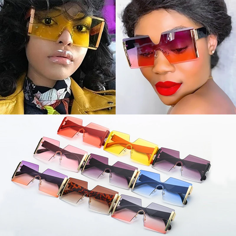 

Wholesale Fashion Oversized Square Rimless Sunglasses Women Brand Flat Top Big Sun Glasses Female One Piece Gradient Shades Bulk