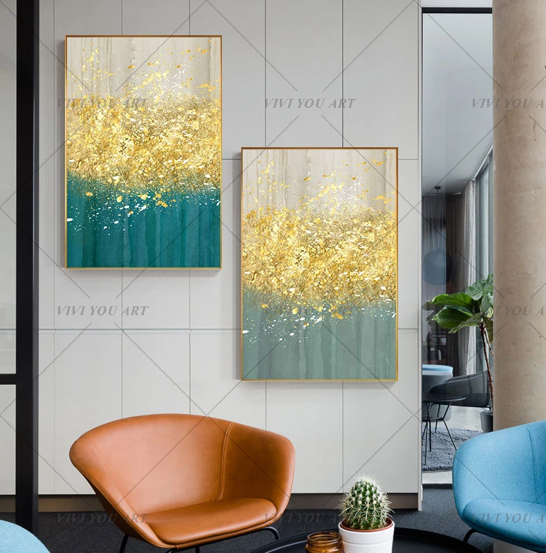 Абстрактная золотисто синяя серая Картина на холсте большая ручная роспись