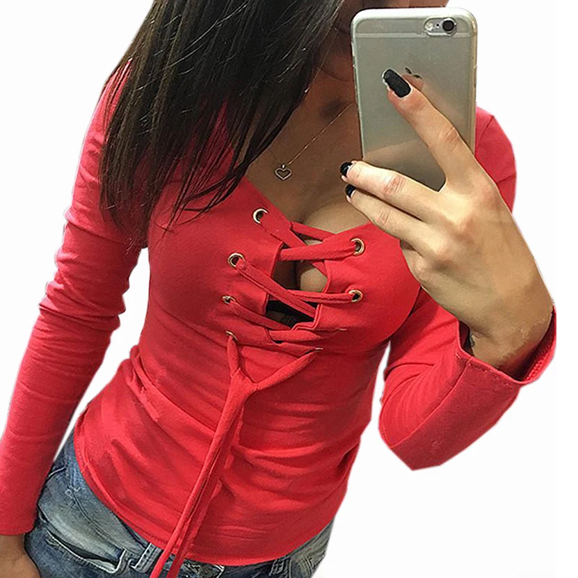 5 цветов Женские повседневные футболки топ сексуальный бандаж шнуровка длинный