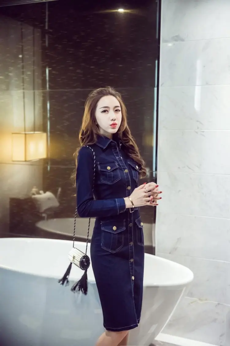 Женское повседневное длинное джинсовое платье с регулируемой талией | Женская