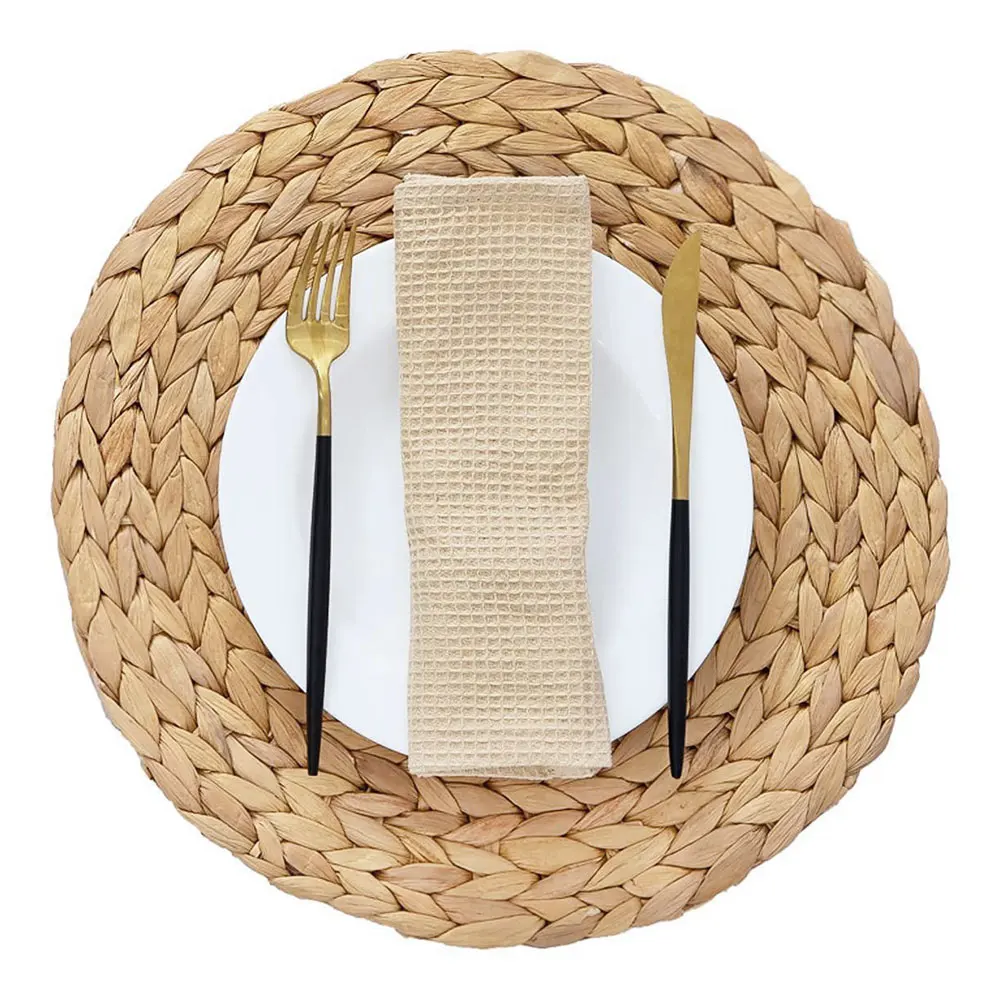 

4PCS Natural Table Mat Round Woven Placemats Anti-Slip Heat-Resistant Water Hyacinth Straw Braided Hot Insulation Pad