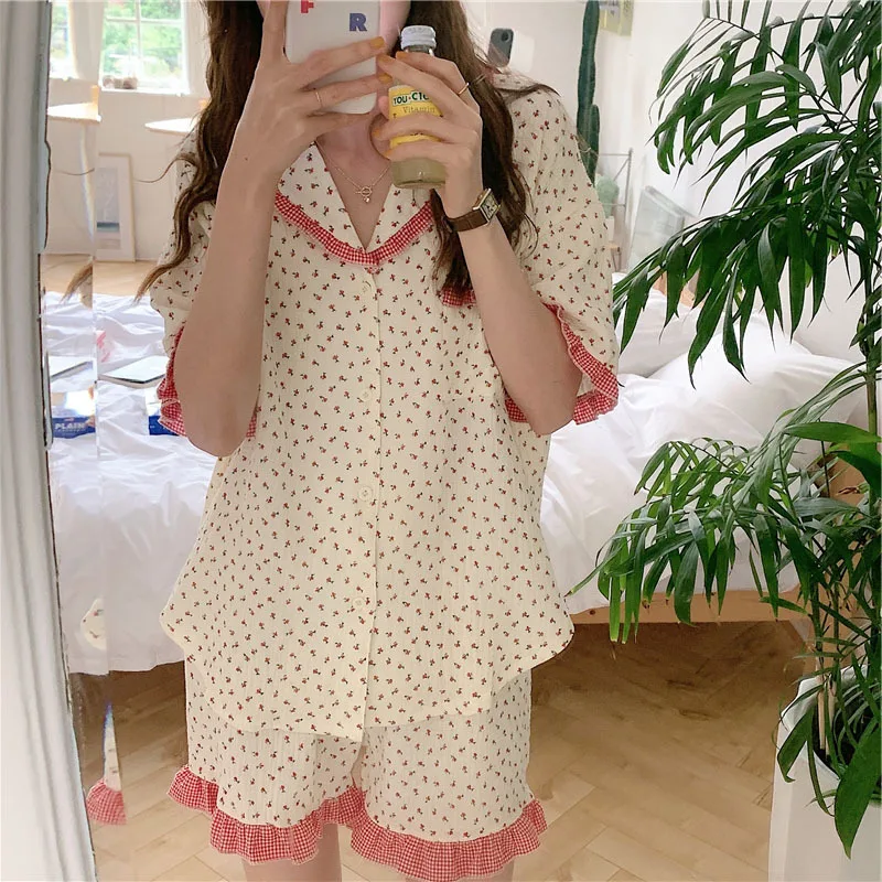 Pajamas Women's Summer New Product Sweet Ear Edge Small Flower 2Pcs Set Korean Cardigan Home Clothes Female Sleepwear Nightwear
