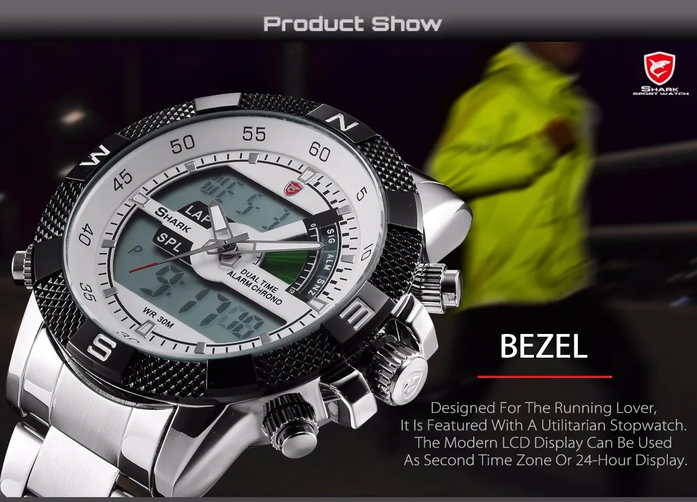 Акула спортивные часы Dual Time Цифровые стали Porbeagle Календарь Будильник Секундомер Мужские кварцевые наручные часы/SH046/047