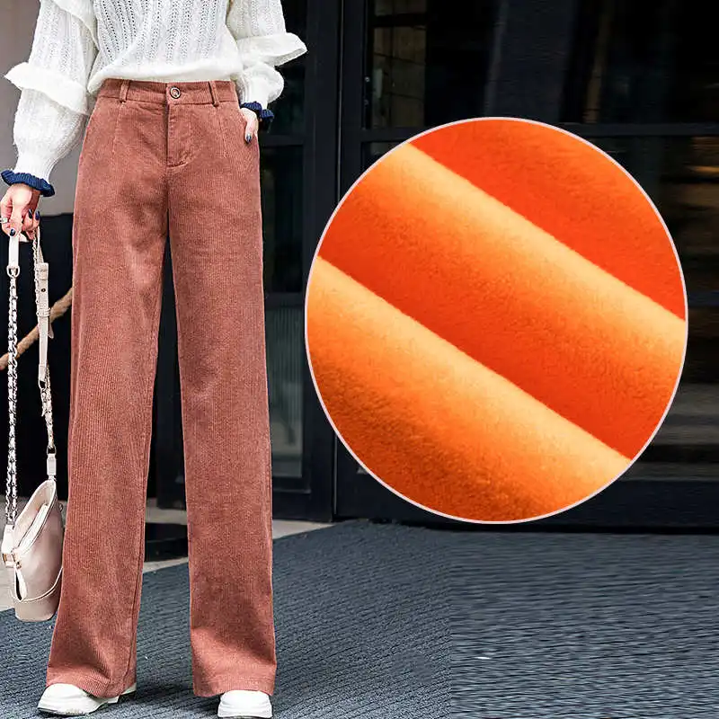 

Elegant Corduroy Wide-Leg Pants Women Autumn Winter Plus Velvet Straight High-Waist Pants Long Trousers Warm Pants Women C6020