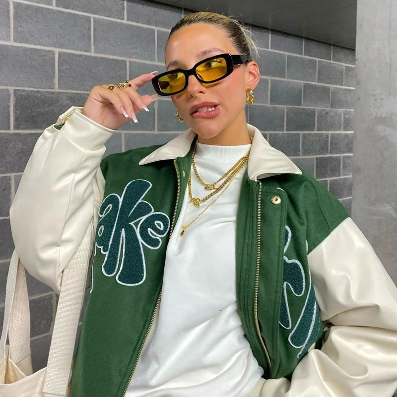 

PU Faux Leather Jacket Women Autumn Baseball Jackets Coat Grass Green Contrast Sleeve TAKE A TRIP Letter Applique Coat Outerwear