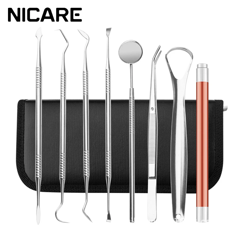 

NICARE 8Pcs/Set Dental Tool Stainless Steel Dental Mirror Dentist Probe Professional Oral Care Kit Tweezer Scaler Tartar Cleaner