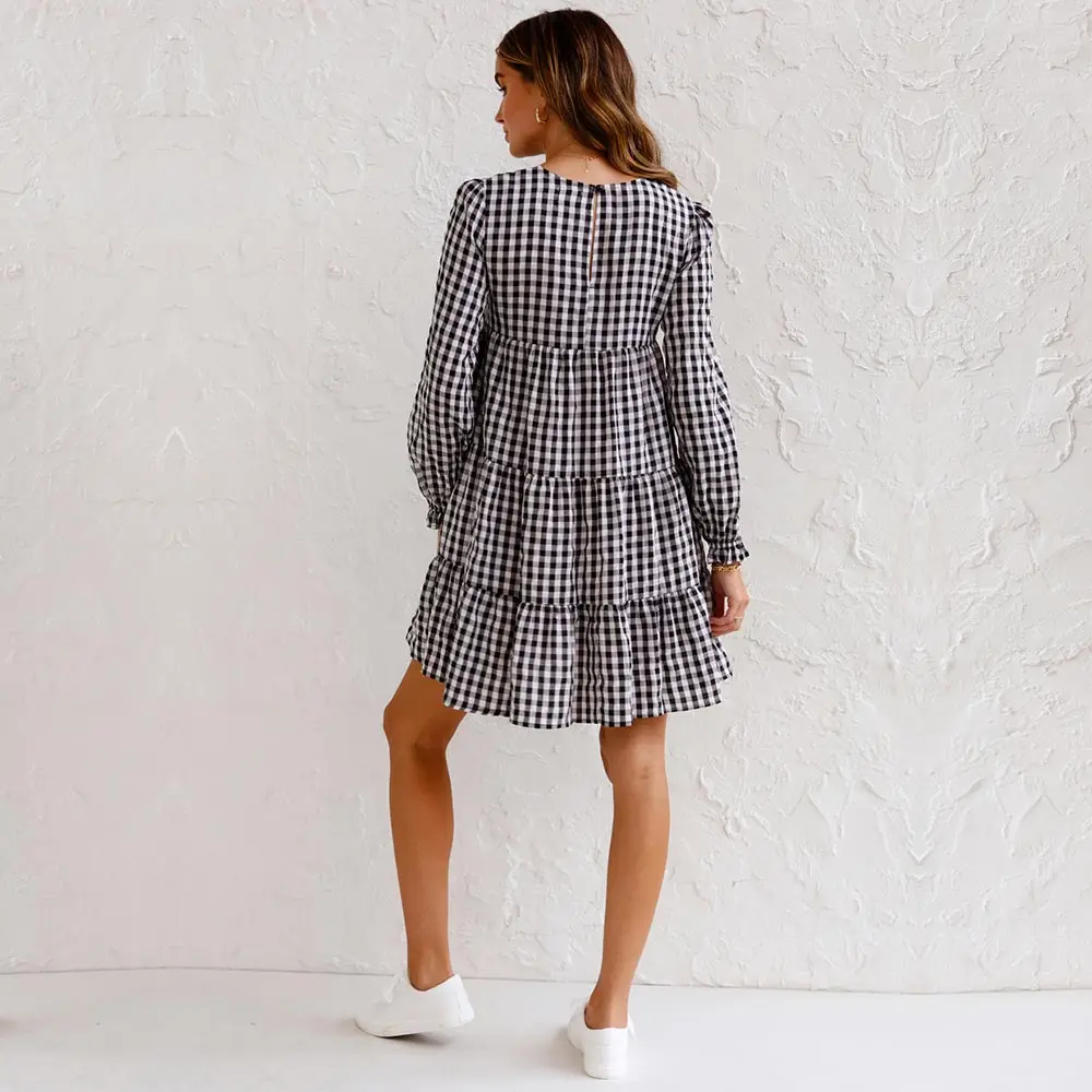 

WildPinky Spring Autumn Plaid Dress Robe for Women 2021 New Casual Long Sleeve O-neck Dress Female Sweet Vintage Party Vestidos