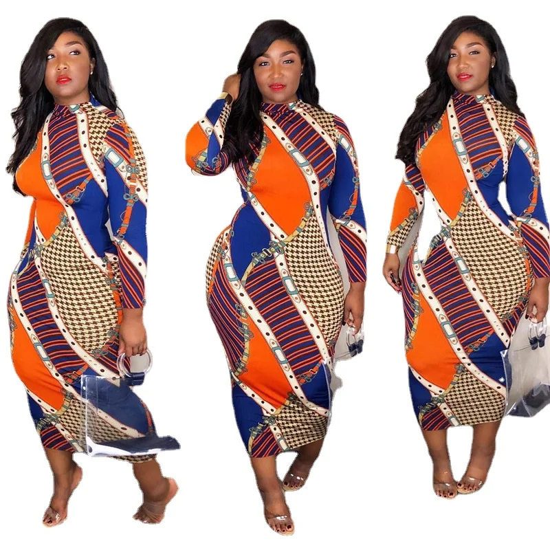 

Autumn Women's Turtleneck Long Sleeve Dress Bag Hips High Waist Sexy Dress Print Bodycon Office Dresses Wholesale Dropshipping
