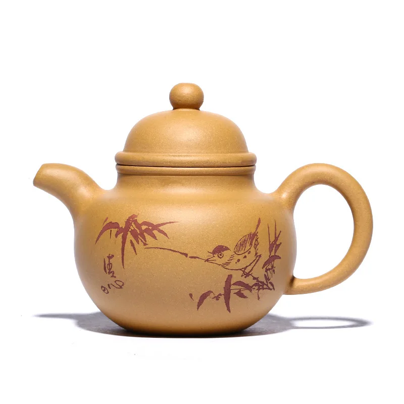 

Zisha Teapot Yixing Handmade Pot Kung-fu Teaware Purple Clay Drinkware For Puer Golden Section Clay Carved And Painted Ball Pot
