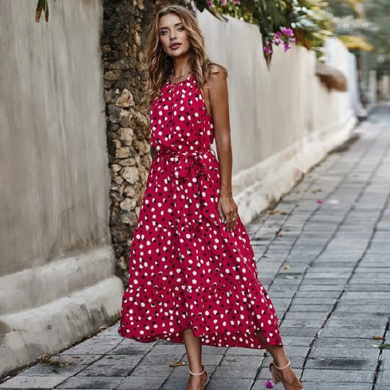 

2020 New Long Dot Vacation Style Print Dress Women Lace Up High Waist O Neck Big Swing Dress New Fashion Summer Sleeveless Dress