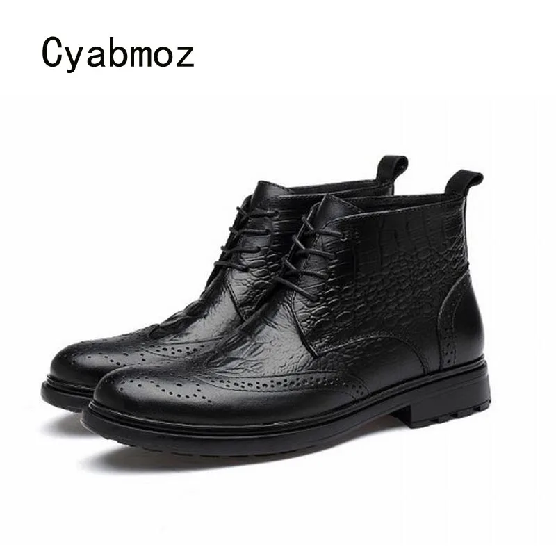 Cyabmoz Men Genuine Leather Shoes Party Man Business Work Mens Shoes Martin Carving Fish pattern Autumn Winter Snow Ankle boots