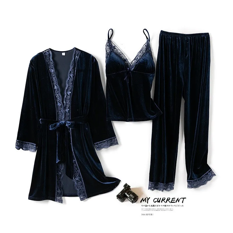 

Velvet Home Clothing 3PCS Pyjamas Autumn New Kimono Robe Set Casual Sexy Sleepwear Velour Women Nightwear Intimate Lingerie