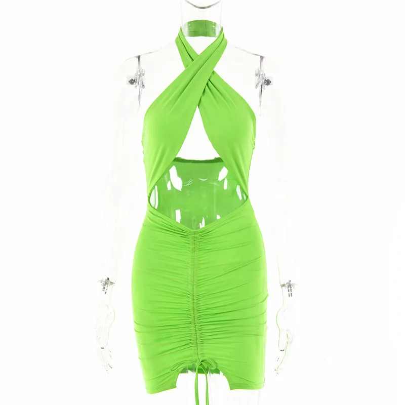 

Mozision Drawstring Ruched Dress Women Halter Sleeveless Sexy Mini Dress Summer High Waist Backless Beach Holiday Vestidos