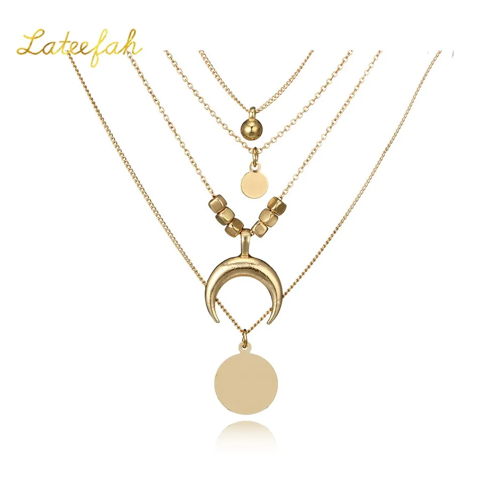 

Ethnic Retro Necklace Simple Metal Golden Slender Clavicle Chain 4 Layered Wearing Necklace For Ladies Moon Horn Necklace