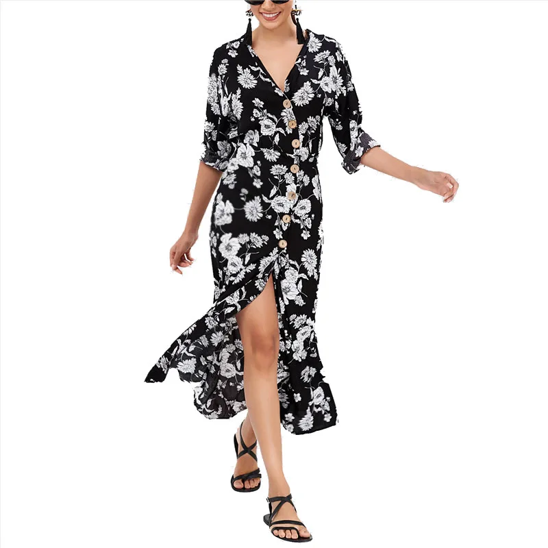 

Europe and the United States printing single button long-sleeved v-neck dress with Flower for Beach Holiday