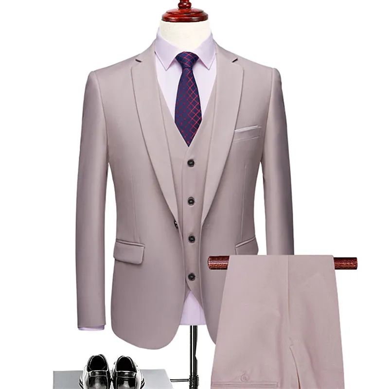 2020 New Men's Solid Color Suit Set Three-piece Coat Vest Pants High End Business Plus Size 6XL Wedding Dress Blazers Jacket | Мужская