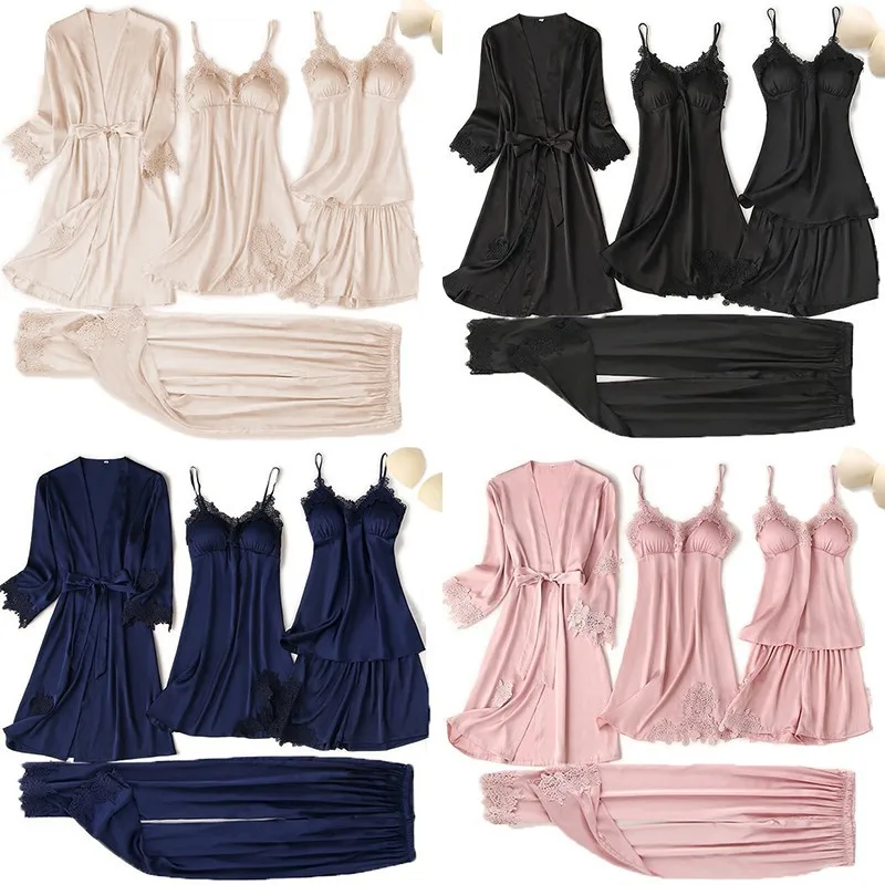 

Lace Sleepwear For Women Pajamas Set Satin 5PCS Robe Suit Kimono Gown Sexy Nightwear PJS V-Neck Home Clothes With Breast Pads