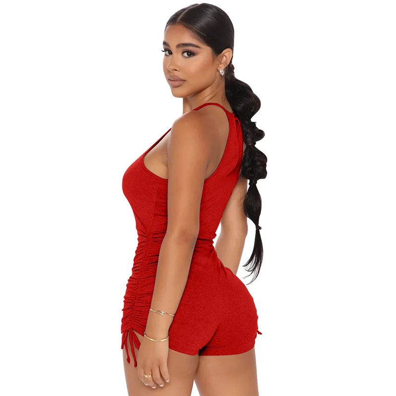 

Black Bodysuit Women Summer 2021 Fashion Sleeveless High Waist Drawstring Ruched Red Playsuit Woman Sexy Bodycon Short Jumpsuit