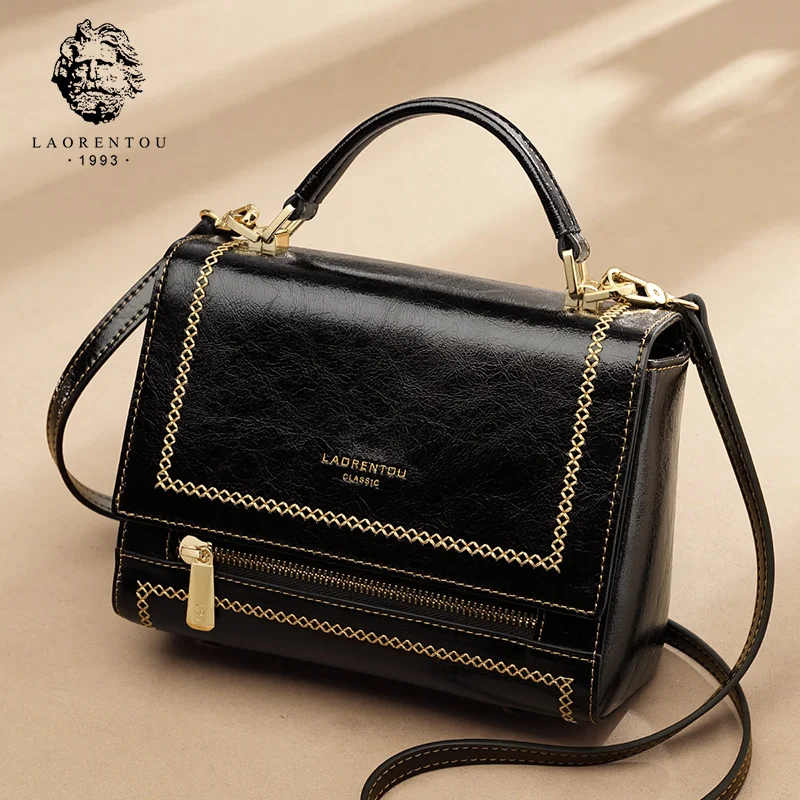 Женская сумка на плечо LAORENTOU черная мини из воловьей кожи многофункциональная