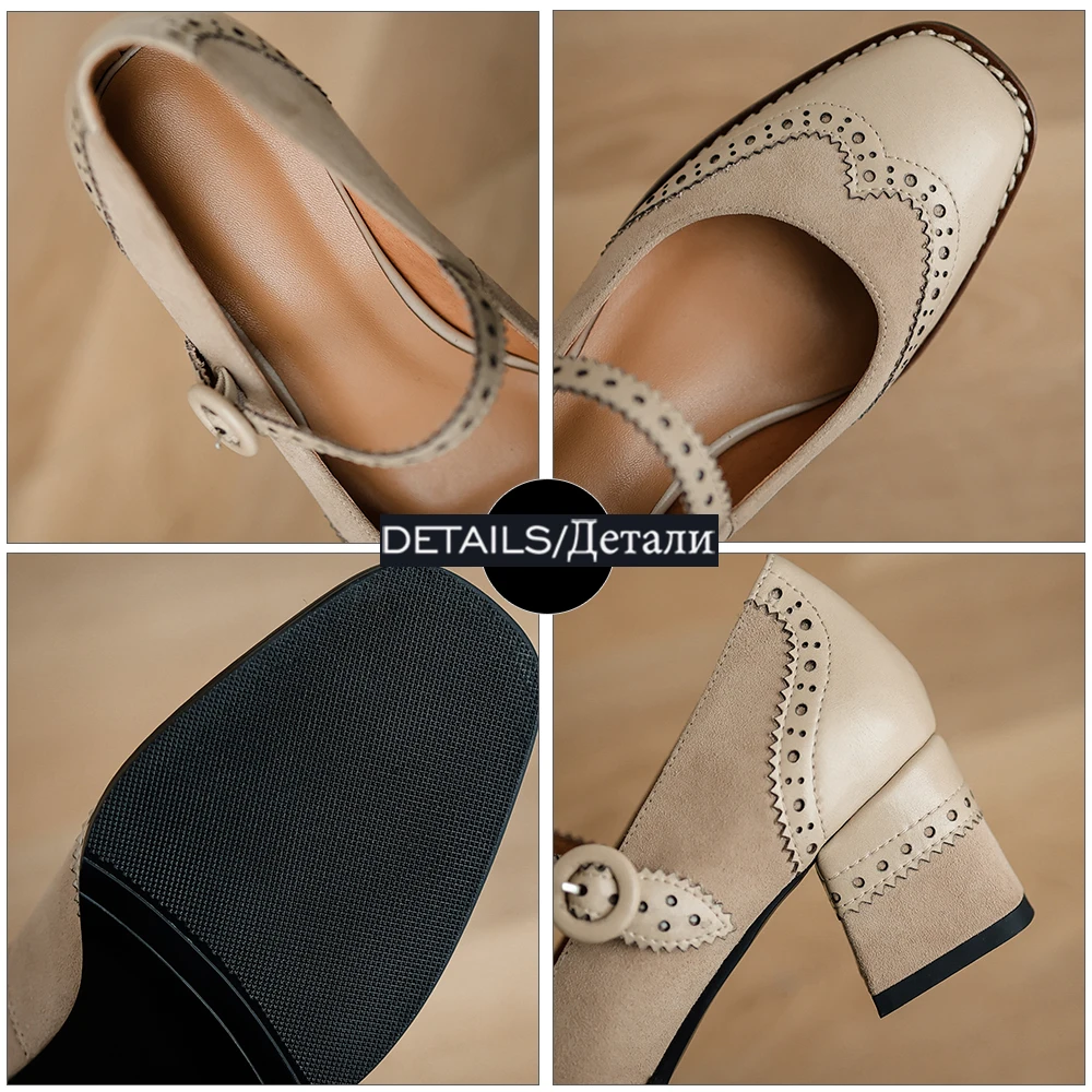 

ISNOM Genuine Leather Mary Jane Women's Shoes Fashion Retro Buckle Shallow Pumps Square Toe Thick Heel Handmade Shoes Woman