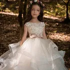 Для девочек в цветочек платья цвета шампанского с кружевной аппликацией без рукавов каскадные; Детский карнавальный костюм; Для держащих букет невесты на свадьбе, платье для первого причастия