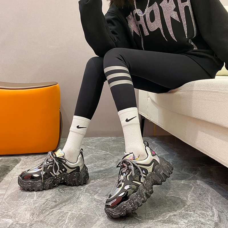 

ELLALEE Grandiose Women Chunky Sneakers Lace-Up Winter Spring Silver Red Gun Special Winter Plush Warm Vulcanize Platform Shoes