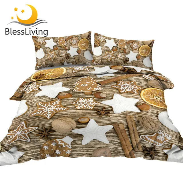 BlessLiving Christmas Biscuit Bedding Set Homemade Gingerbread Duvet Cover Set Xmas Gift Bed Cover Winter Cookies Bedspread 3pcs 1