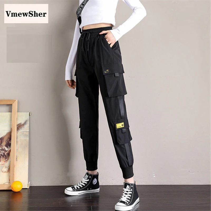 Брюки-карго женские демисезонные с высокой талией и эластичным поясом