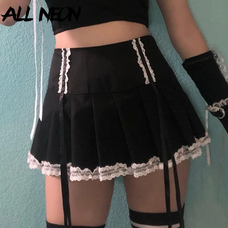 

ALLNeon Pastel Goth Lace Trim Black Pleated Skirts Y2K Aesthetics Summer Lace-Up High Waist Patchwork A-line Mini Skirt E-girl