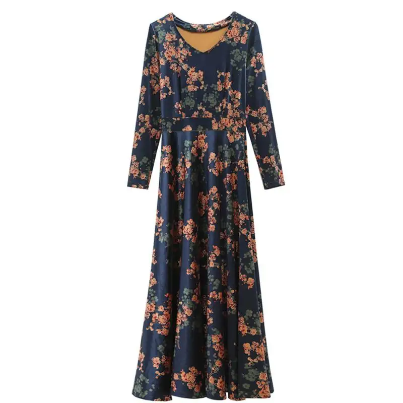 

Women 2020 Autumn Winter New Fashion Plus Size 4XL V-Neck Flower Printed Long Sleeve Dresses Female Retro Gold Velvet Dress R29