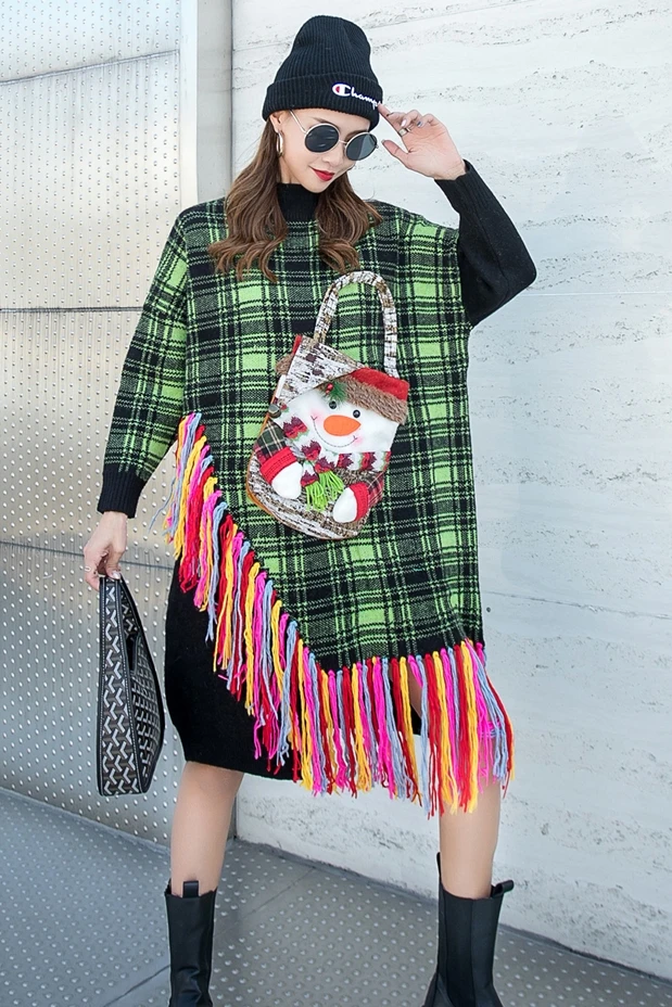 

European station thickened retro plaid sweater women's mid-length loose heavy industry patch tassel knitted dress
