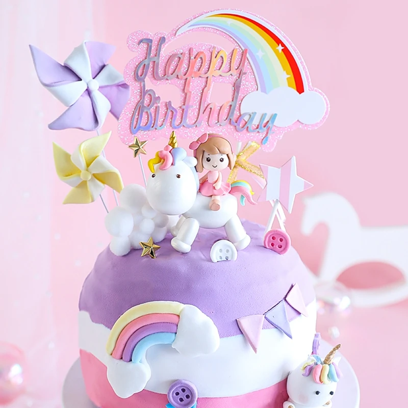 

Rainbow Unicorn Cake Topper Girl Baby Shower 1st Birthday Cake Decor Unicornio Birthday Kids Happy Birthday Party Cake Topper