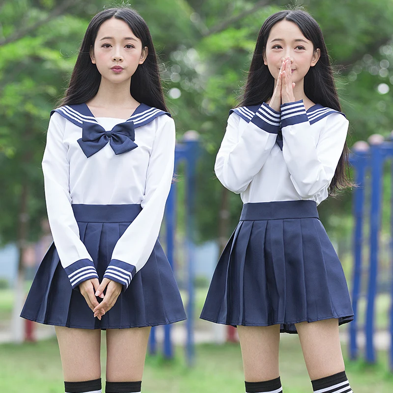 

sailor suit school uniform sets JK school uniforms for girls white shirt and dark blue skirt suits student Cosplay