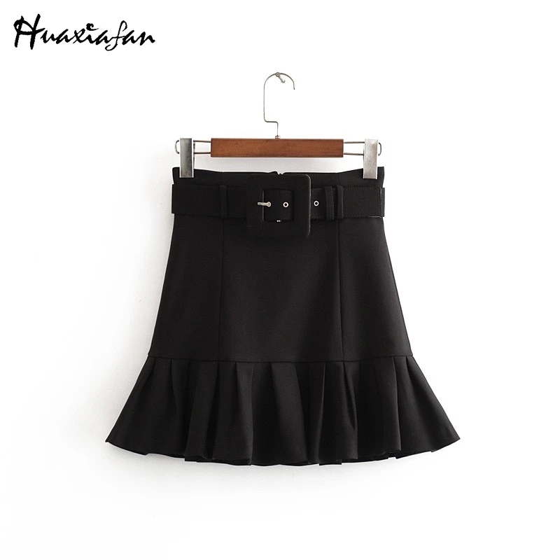 Huaxiafan Women Skirts Black Ruffles A Line Sashes Spring Autumn Ladies Vintage Stylish Solid Color Female Casual | Женская одежда