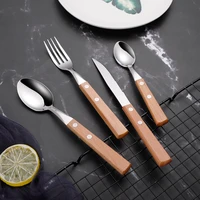 24pcs wood dinnerware sets wooden handle cutlery stainless steel coffee spoon dinner forks knives spoons kitchen tableware set